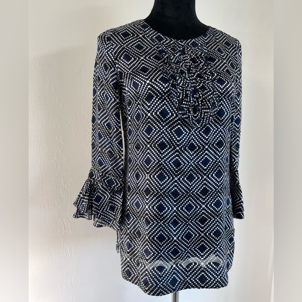 Tory Burch Printed Scoop Neck Blouse – Blue, Size XS (US 0)